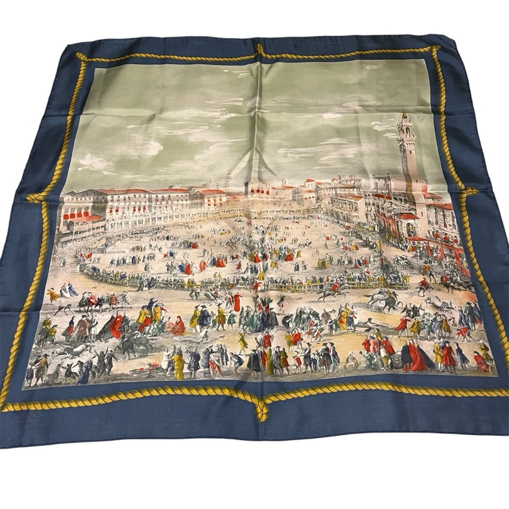 Saldarini Blue Scenic Print Silk Scarf